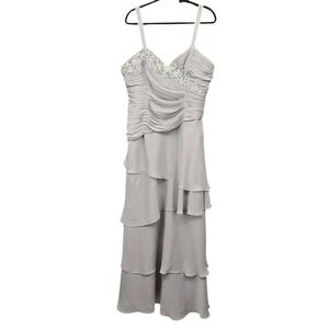 Caterina Collection Womens Grey Beaded Ruched Tiered Ruffle Formal Dress Size 12